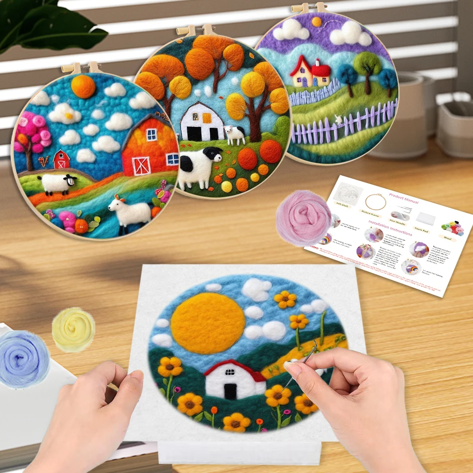 

RUOPOTY Wool Felt Painting Kit Farm scenery Set For Handicraft Needlework felt Diy Craft Package Adult Wool For Knitting Gift