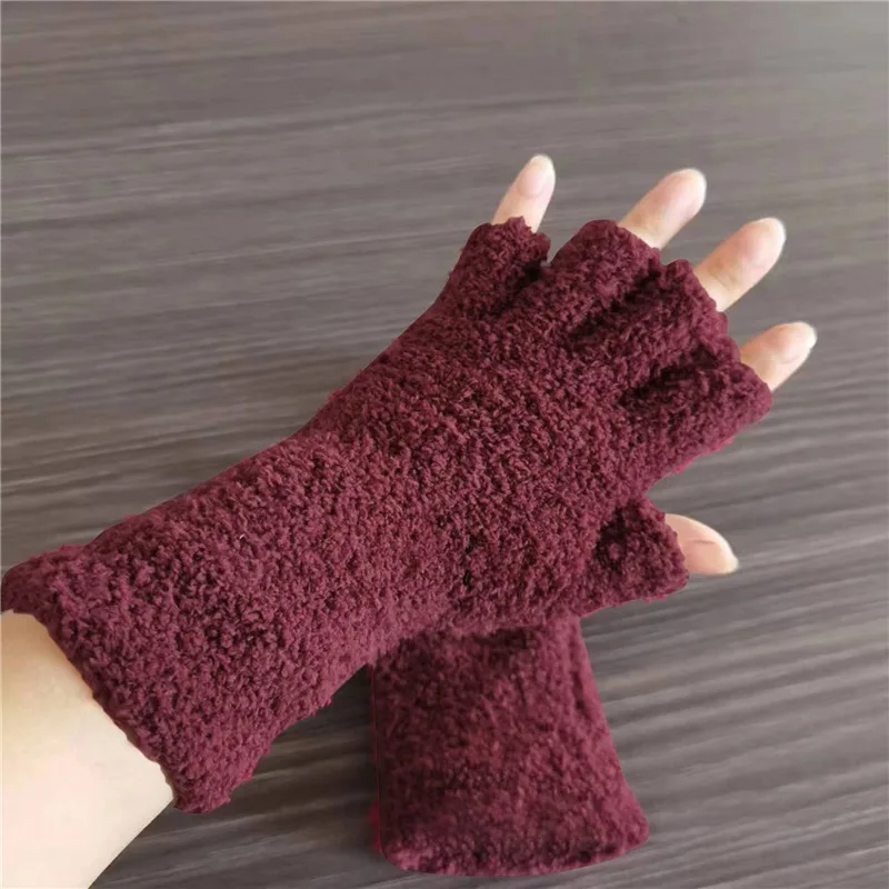 Coral Fleece Handschuhe für Damen und Mädchen, einfarbig, Touchscreen-fähig, fingerlos, warme Winterhandschuhe, dick gefüttert, Plüsch, Halbfinger-Schreibhandschuhe