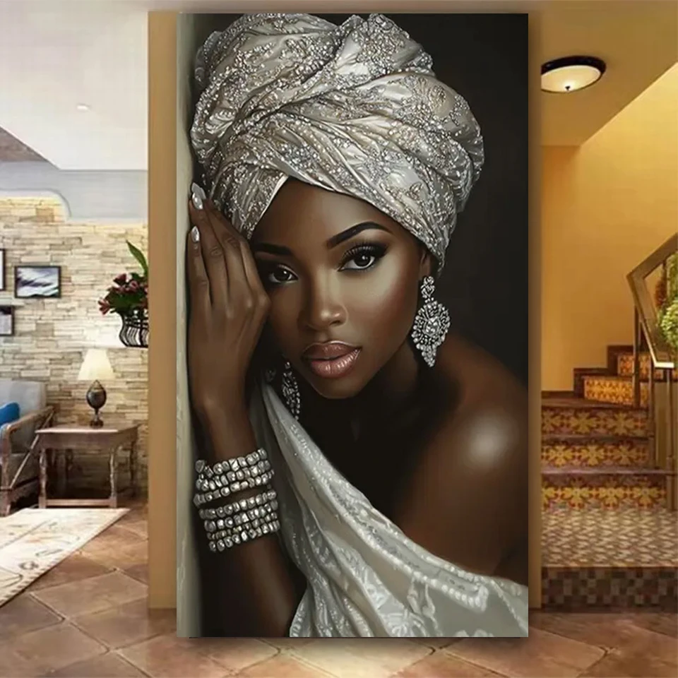 

Amazing Silver jewelry African women 5D DIY Diamond Painting Full Square Round Diamond Mosaic Embroidery portrait Home Decor