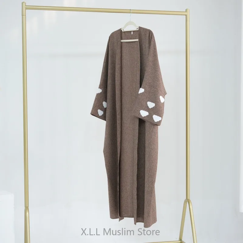 Abayas Kimono abierto de nubes para mujer, ropa elegante de algodón y lino con bordado musulmán Eid Ramadán, caftán de manga larga