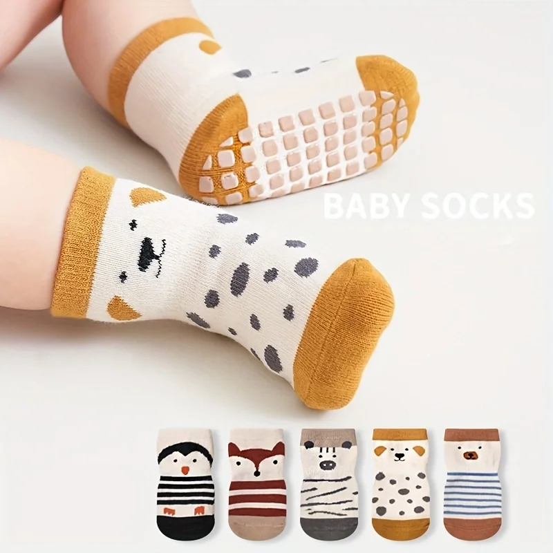 5 pairs of cartoon baby socks with breathable and non slip soles, cool insulation for children's socks, indoor walking socks, cu