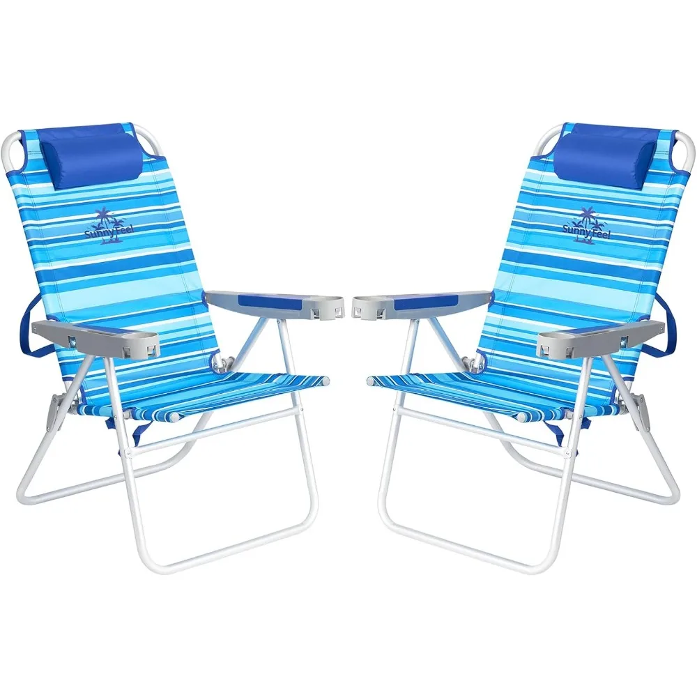 

17" Tall Oversized Beach Chairs 2 Pack For Adults Heavy Duty 500 Lbs, 5 Position, Portable High Folding Camping Chair With Cup