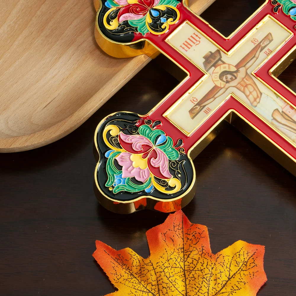 Neues Orthodoxes Kruzifix, Jesus-Ikone, Kreuz mit Emaille im byzantinischen Stil, christliches Kreuz für Gebetsrituale, heilige Altardekoration für Zuhause – Detail 8