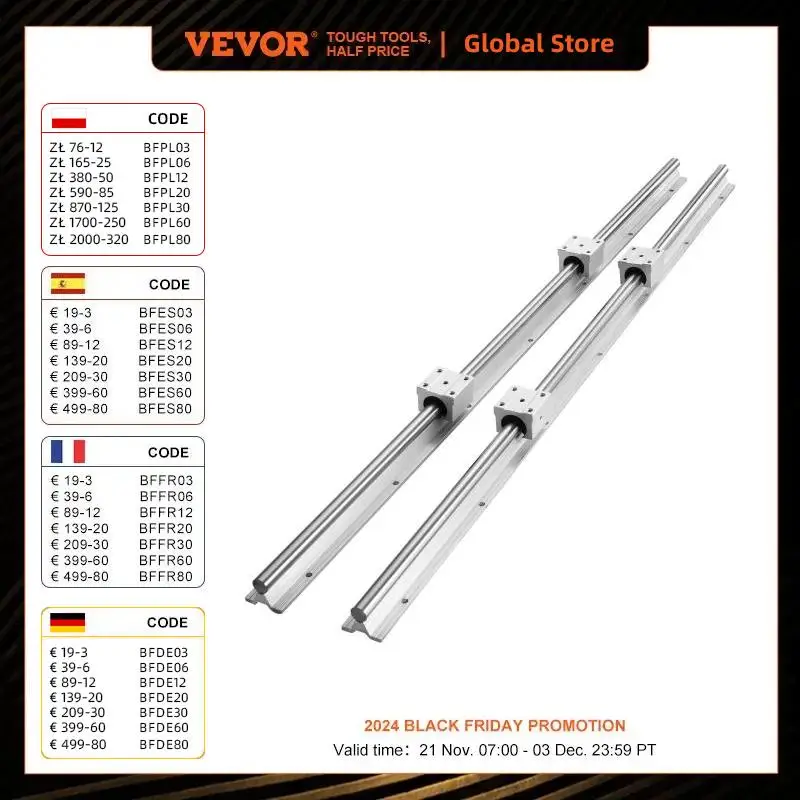 VEVOR 2PCS Linear Guide Rails SBR12 SBR16 SBR20 SBR25 800-2200mm & 4PCS UU Bearing Blocks Smooth Motion for DIY Mills CNC Parts