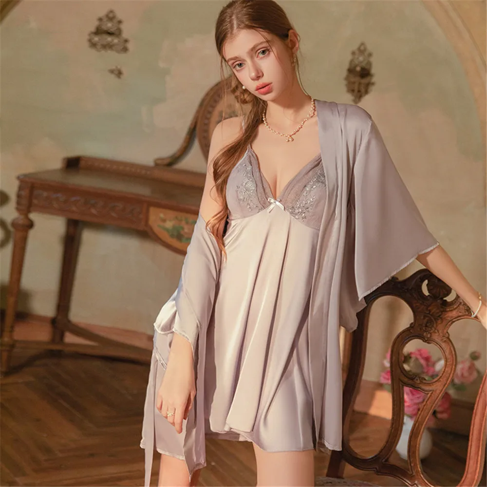 

Женский однотонный комплект: халат и ночная сорочка из элегантного атласа, домашняя одежда для сна и отдыха