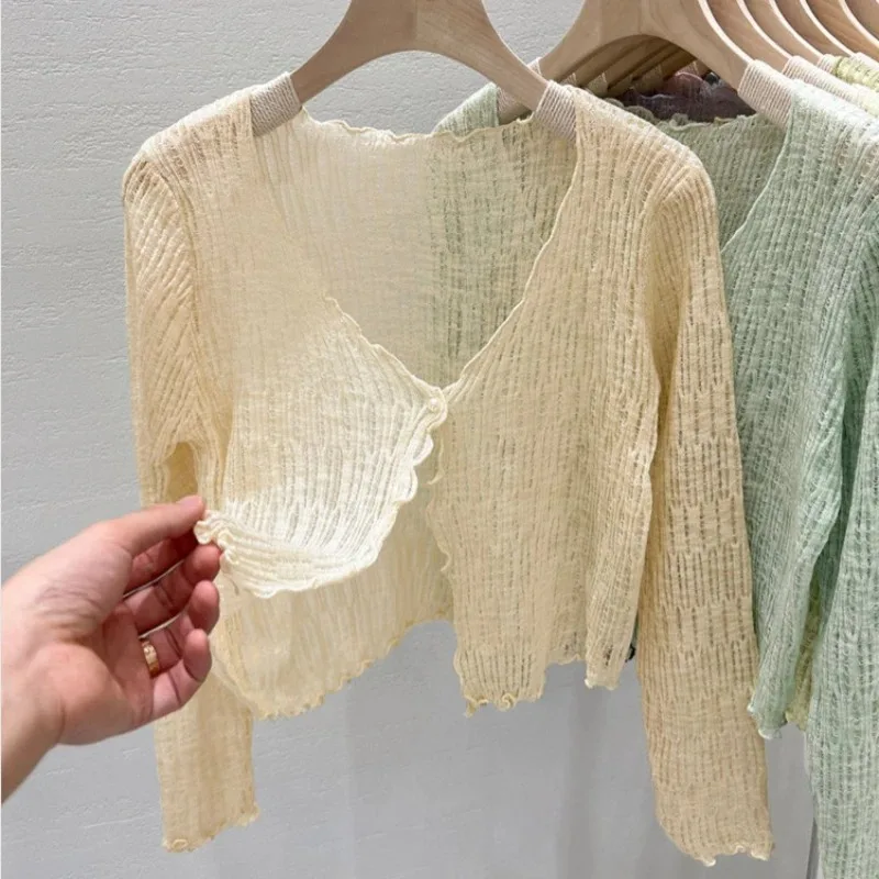 Wood Ear Edge Hollow Small Shawl Knitted Cardigan Female Summer Hitch Sunscreen Smock Thin Section of Small Shirt Tops