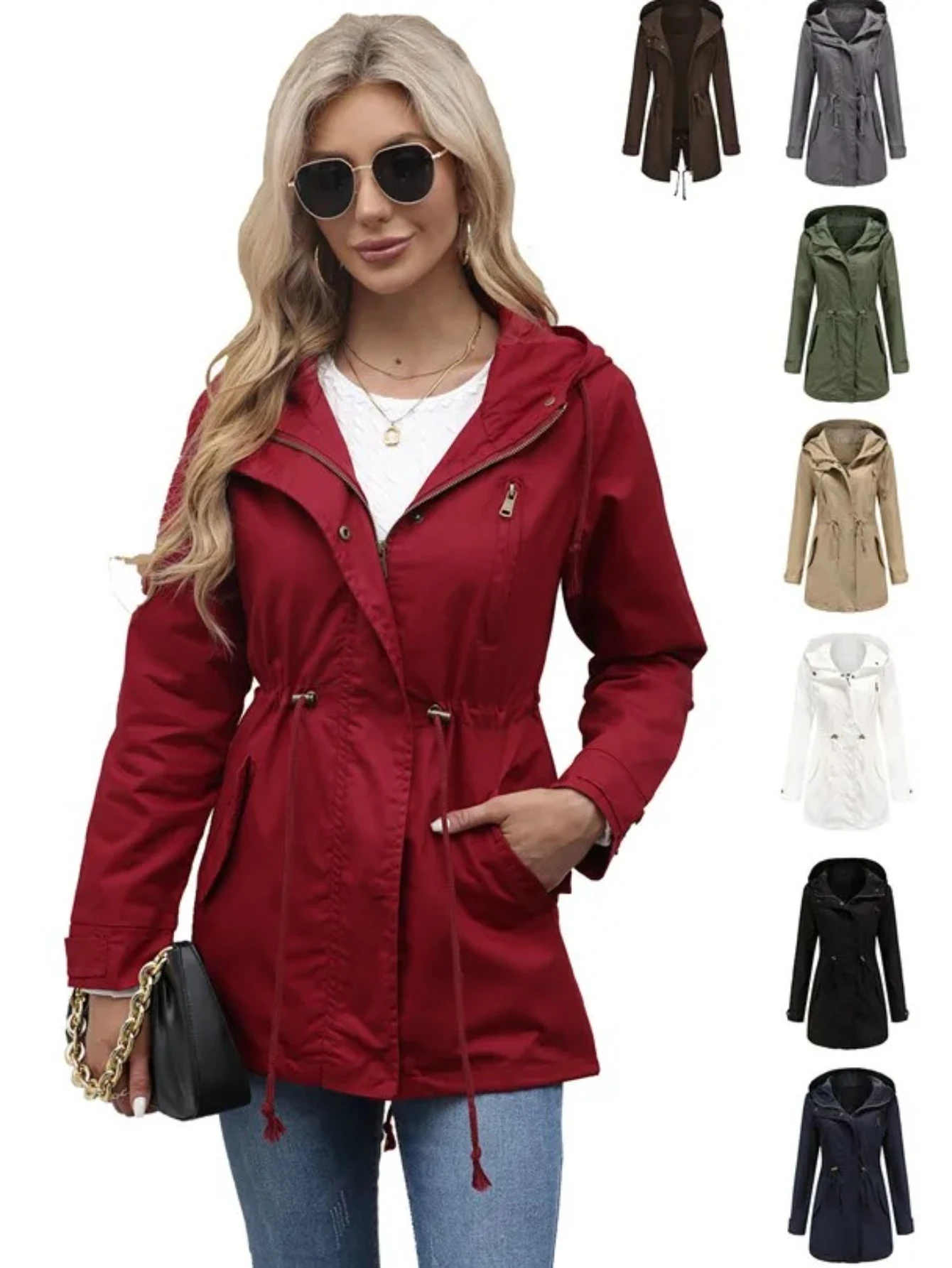 

Burgundy Women Hooded Jacket, Green Long Sleeves Windproof Jackets Fashion Casual Coat Black Blue Coffee Khaki S-4XL