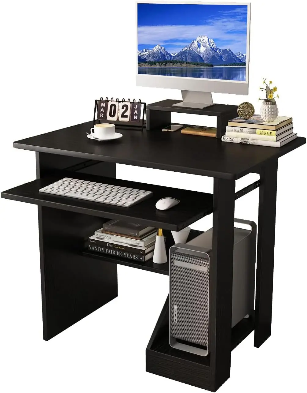 

Compact Computer Desk For Small Spaces with Shelves & Keyboard Tray 30Inch Black Storage Home Office Monitor Stand