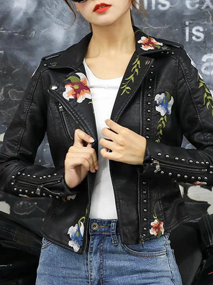 Ailegogo Women Vintage Floral Print Embroidery Pu Faux Leather Jacket Spring Autumn Female Zipper Punk Moto Biker Coat Outwear