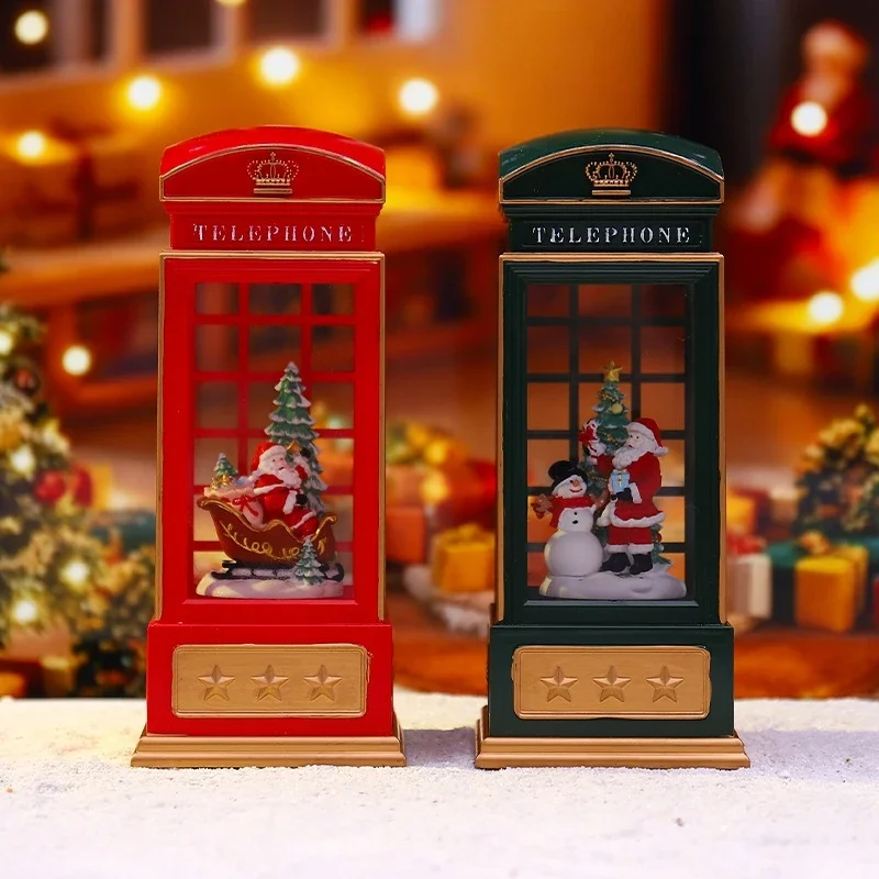 Christmas Phone Booth Night Light Santa Sleigh Snow Globe Music Box Table Decor Home Display Holiday Gift For Kids Couples Cozy
