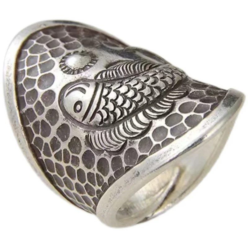 Retro 925 Silver Ring Women Jewelry Popular Index Finger Accessories Ring Personality Fish Pattern Hand Accessories