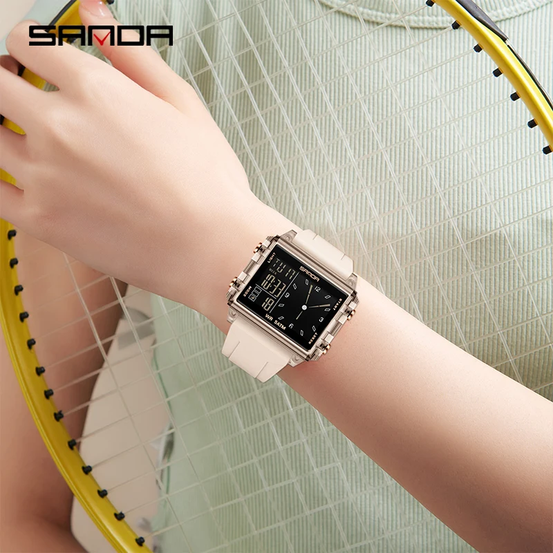 SANDA 6273 ساعات إلكترونية عصرية للرجل تقويم مضيء مقاوم للماء ساعة رياضية خارجية كاجوال للسيدات ساعة يد رقمية