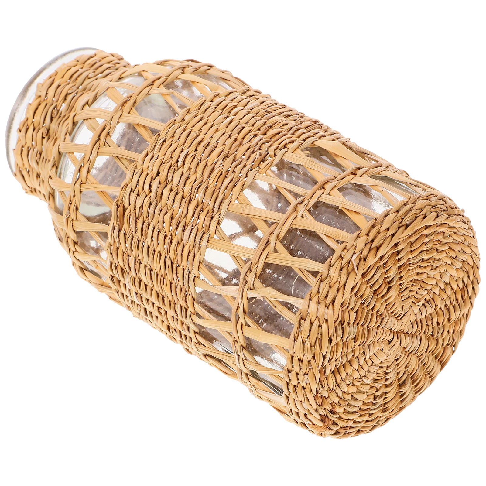 

Vintage Woven Rattan Glass Vase Unique Desktop Flower Vase Home Office Decorative Greenery Container Boho Plant Pot Ornament