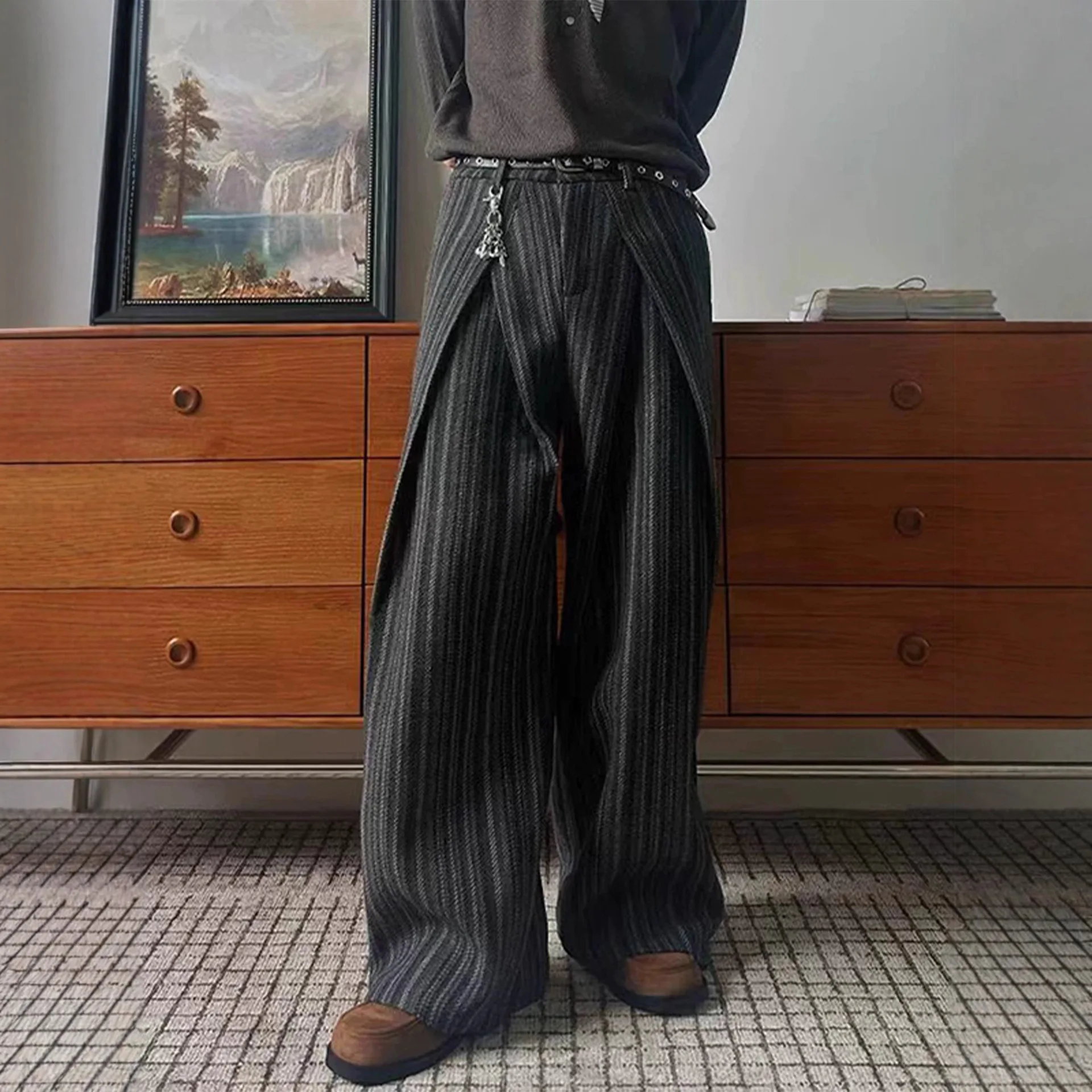 

Men's Suit Pants 2026 Spring Pleated Striped Felt Trousers Autumn Lazy High Waist Wide Leg Curved Wool Blend Loose Casual Pants