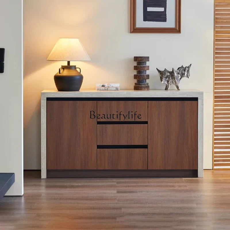 

ls 27 Retro travertine rock slab dining side cabinet, chest cabinet, tea cabinet integrated against the wall