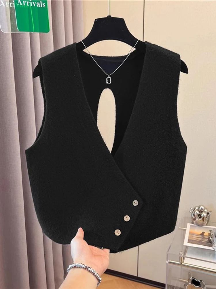 

Bla Hollow out Knitted Vest Women's Autumn Winter New Sle plus Size Faion Sensation Top Design Sense Svel Jaet