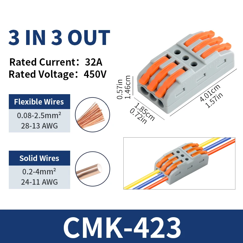 10PCS CMK423 Colorful Quick Lever Multi-In-Out Cable Connectors 0.08-4.0mm2 Push-in Conductor Terminals for Wiring Splicing