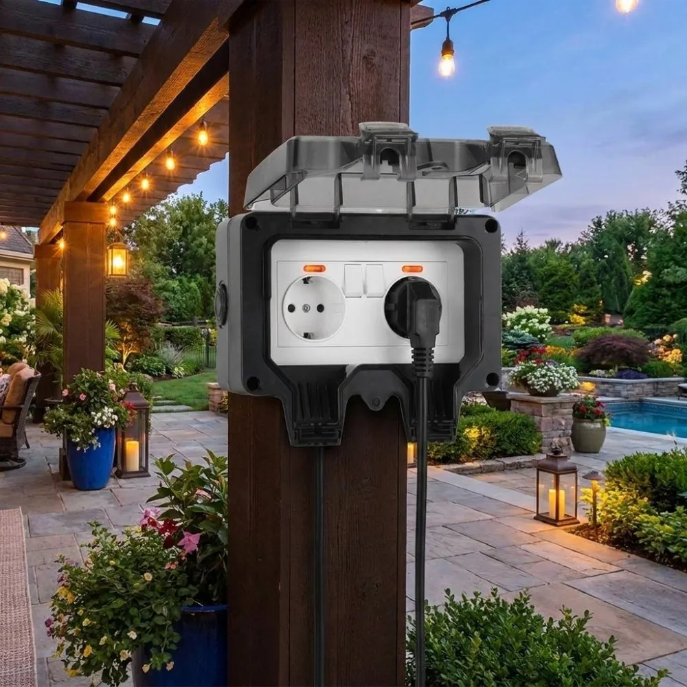 IP66 Waterproof Socket Box 16A PC Material Electrical Outlet Enclosure Wall Mount Multiple Cable Entry Holes Weatherproof Socket