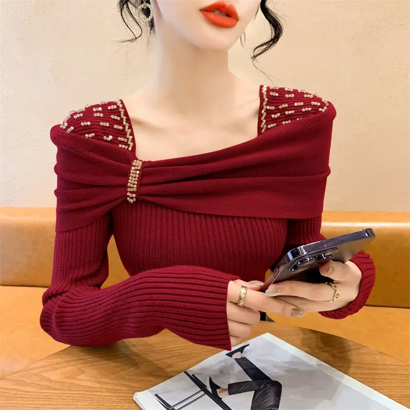 Spring Autumn Solid Color Square Collar Long Sleeve Fashion Sweater Women High Street Casual Slim Embroidered Flares Pullovers