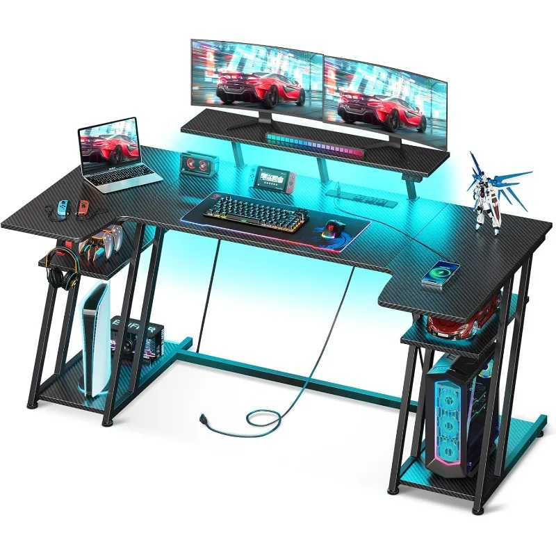 Gaming Desk with LED Lights, 60 Inch U Shaped Desk with Power Outlet, Gaming Computer Desk with Storage Shelves