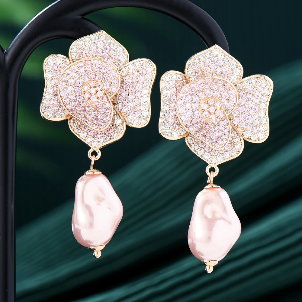 GODKI 49MM Sweety Rose Flower Drop Earrings for Women Trendy Elegant Created Big Simulated Pear Earrings Wholesale