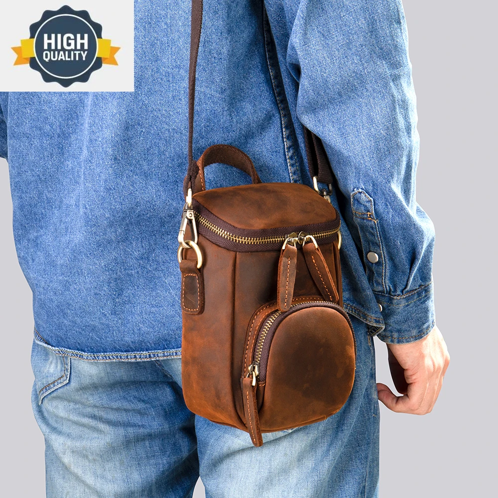 Bolso de hombro de cuero Crazy Horse para hombre, bandolera para teléfono móvil, Retro, s