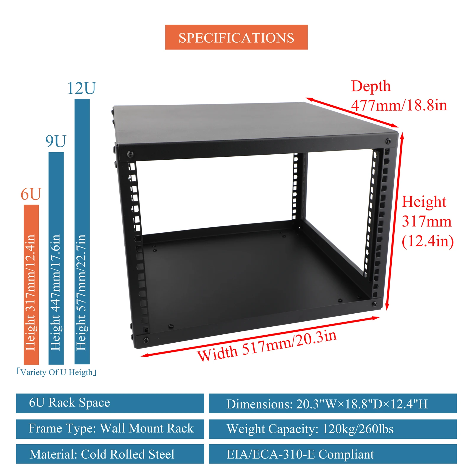 6U/9U/12U Open Frame Network Rack with 1 PCS 1U Rack Shelves for 19-Inch Networking,Audio and Video Device,Floor Standing