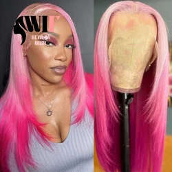 WIF Ombre Pink Straight Hair Synthetic Wig Women Cosplay Use Layered Straight Lace Front Wigs Light Pink Root Layered Cut Hair