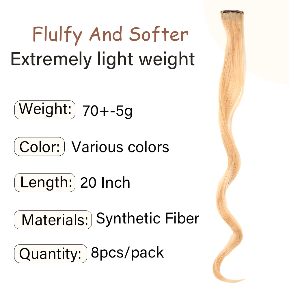 20 Zoll bunte lockige gewellte Party-Highlights zum Anklipsen, synthetische Haarteile, 8er-Pack lockige farbige Haarverlängerungen für Frauen