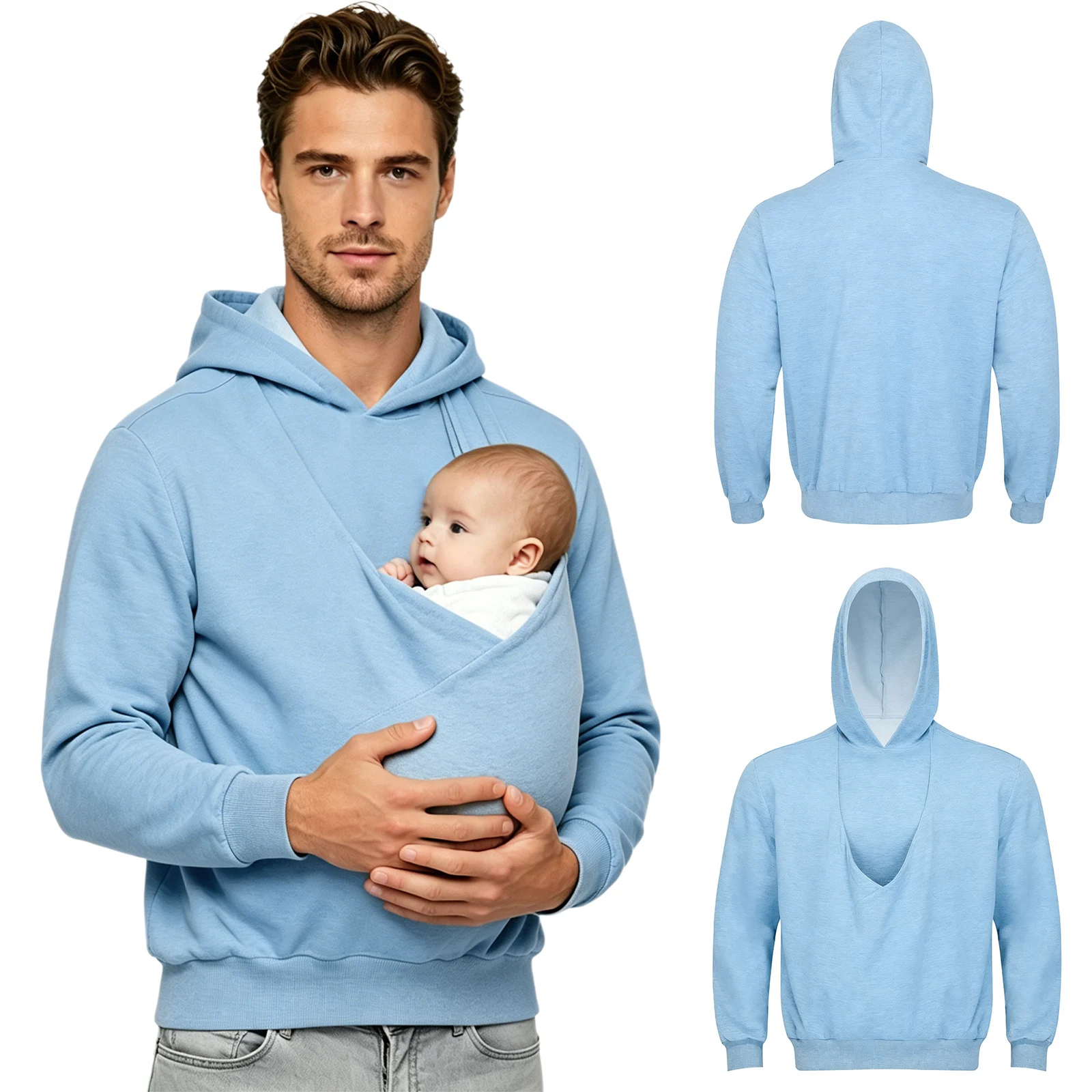 Men Hooded Sweatshirt Kangaroo Jacket Dad and Baby Carrier Hoodie Front Large Pouch Pullover Top for Outing Travel Homewear