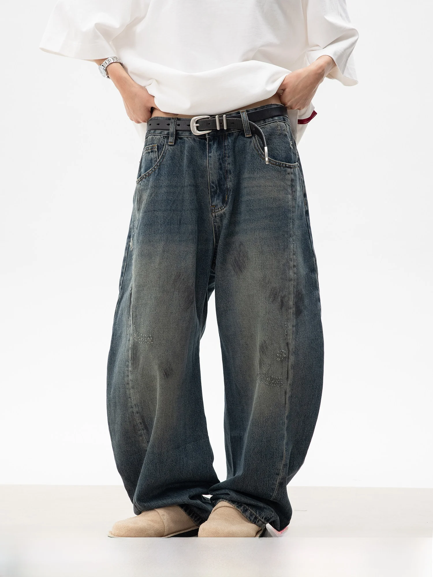 

WPP Vintage Washed Men's Jeans Loose Fit Knife Dirt Stain American Trendy Brand Cotton Denim Pants Casual Straight Leg