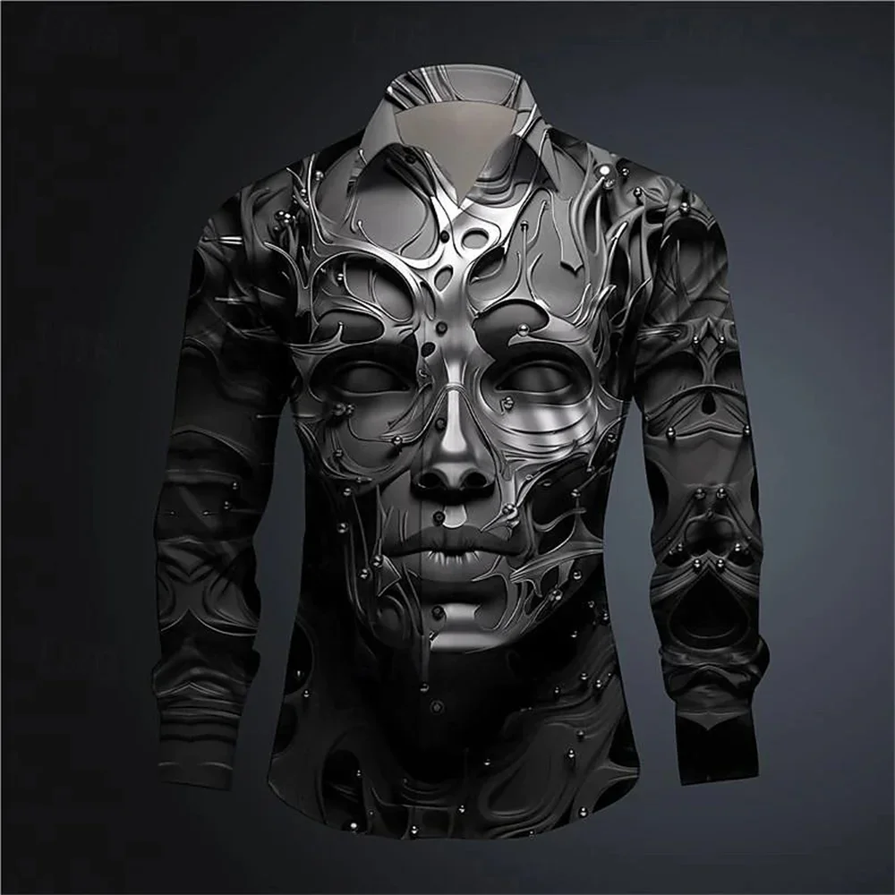 2024 New Men\'s Spring/Summer Long sleeved Polo Collar Cardigan Shirt Ball Club 3D Mask Printed Comfortable Men\'s Clothing