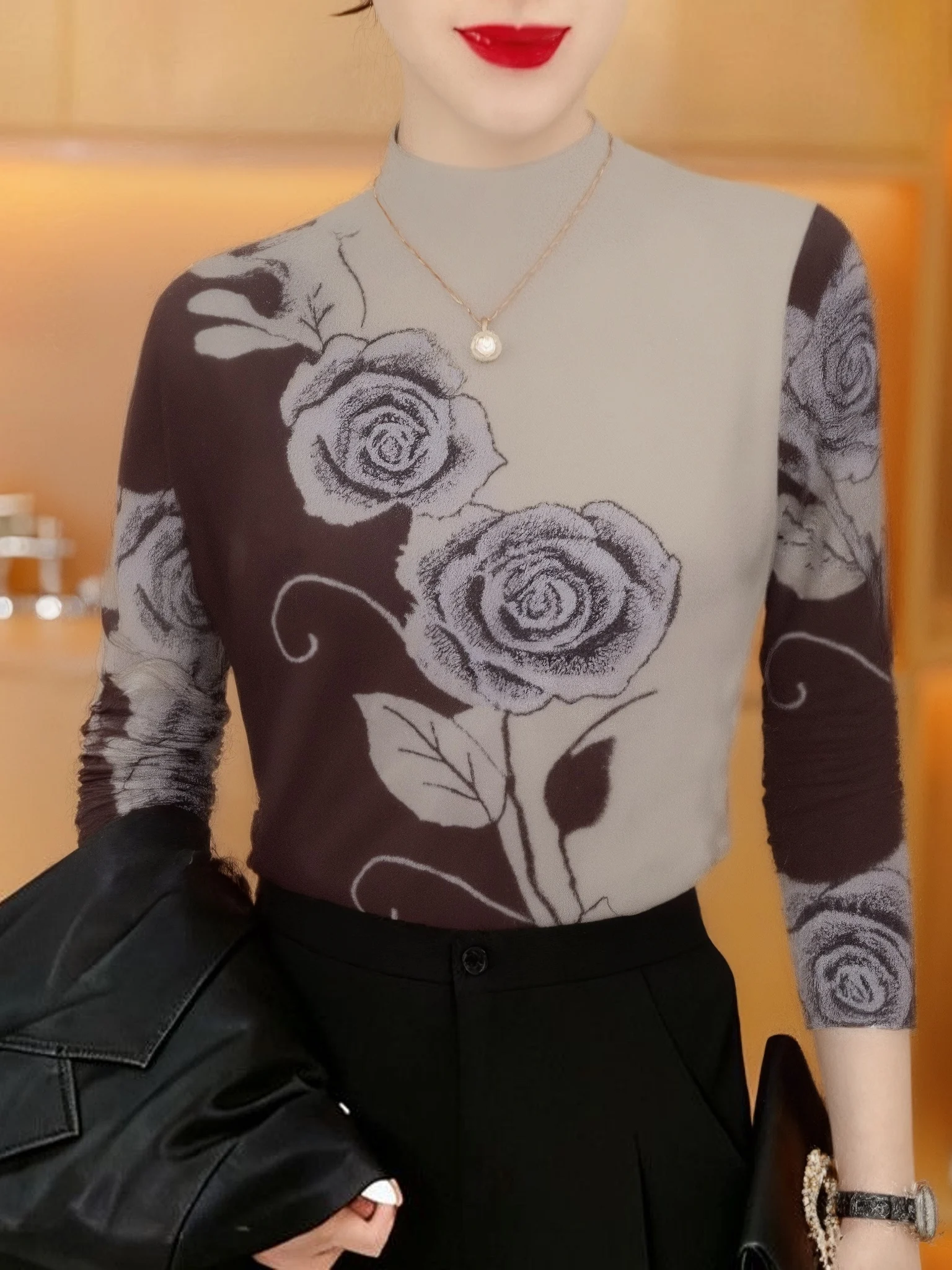 

Elegant Rose Print Fleece Lined Thick Long Sleeve T-Shirt Half High Collar Warm Casual Style Polyester Fiber Women's Top