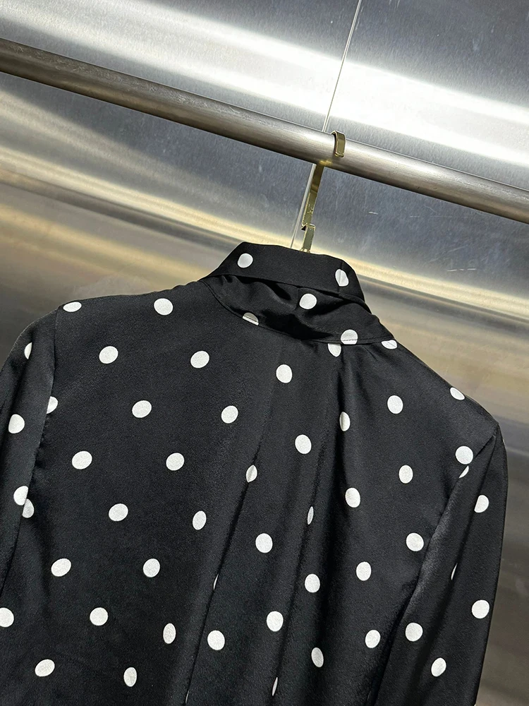 VGH Polka Dot Patchwork Lace Up Shirts For Women Stand Collar Long Sleeve Colorblack Temperament Slimming Blouses Female Style