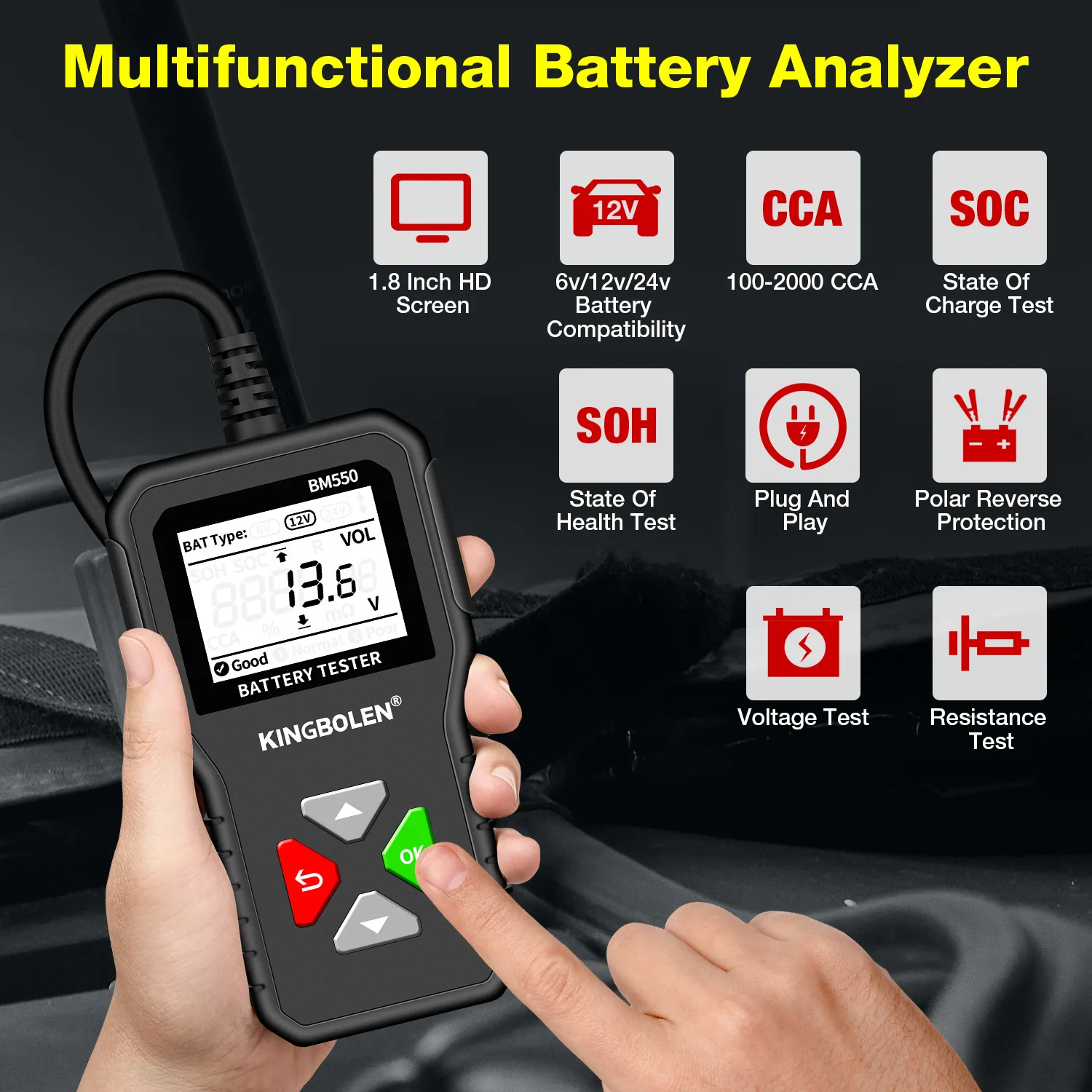 BM550 Car Battery Tester 6V 12V 24V 100-2000 CCA Battery System Detect Auto Battery Analyzer Car Battery Tool PK KW208