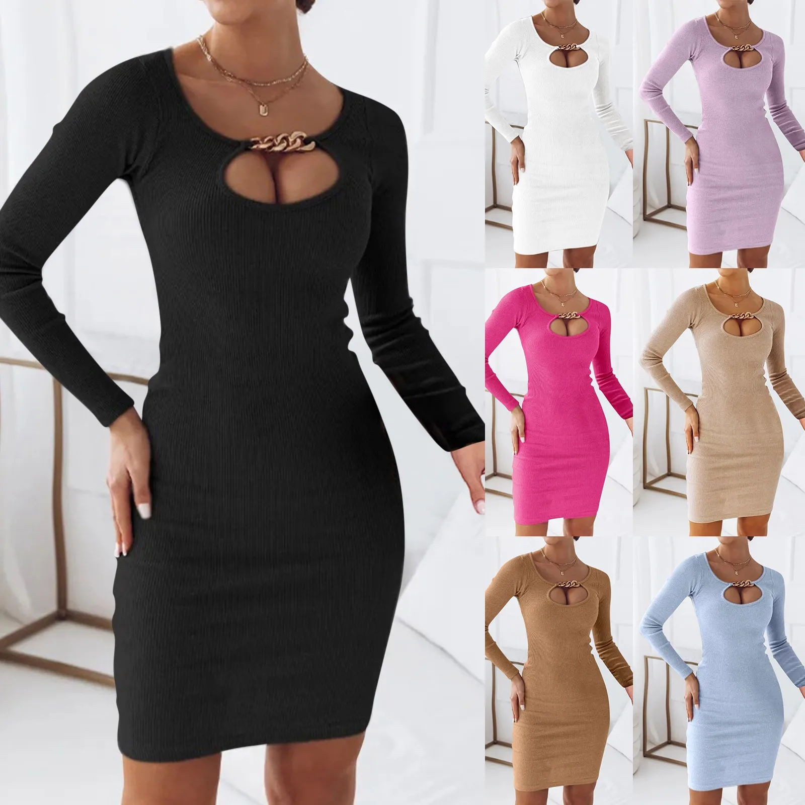

Winter O Neck Hollow Out Knitted Dress For Women 2023 Long Sleeve Package Hip Sweaters Dress Sexy Slim Party Dresses Vestidos