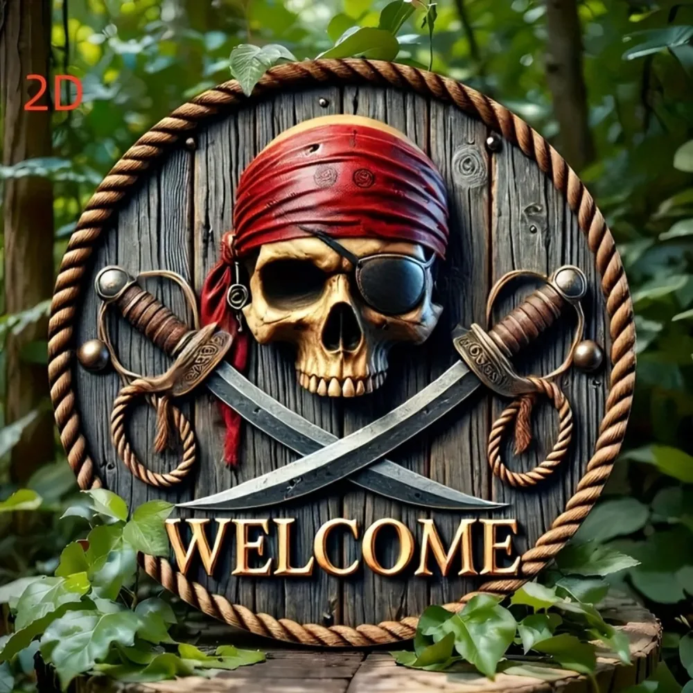 Vintage Skull Wall Decor, Crossed Swords Nautical Plaque, Rustic Pirate Ship Sign for Man Cave Bar Office