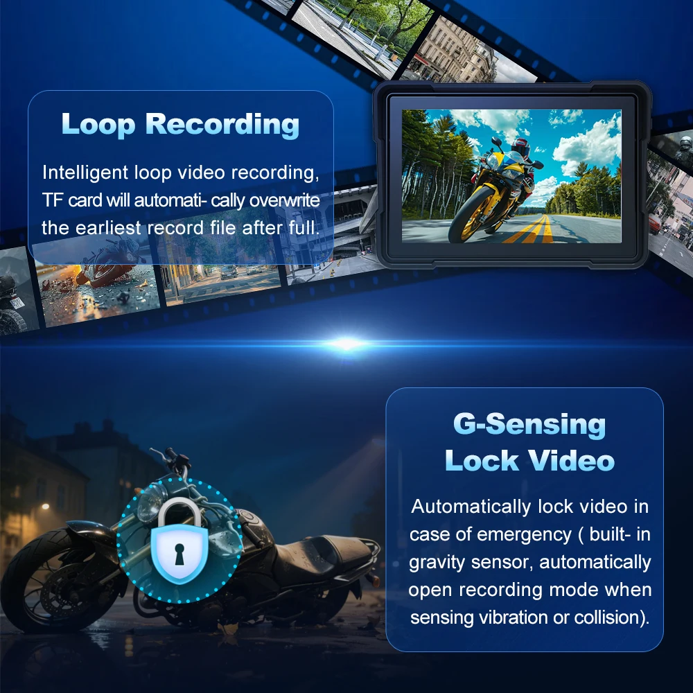 BEPOCAM 5-Zoll-Motorrad-GPS-Navigation Drahtloses Carplay Android Auto Dual DVR Drive Recorder Moto Monitor WIFI IPX7 Wasserdicht – Detail 8