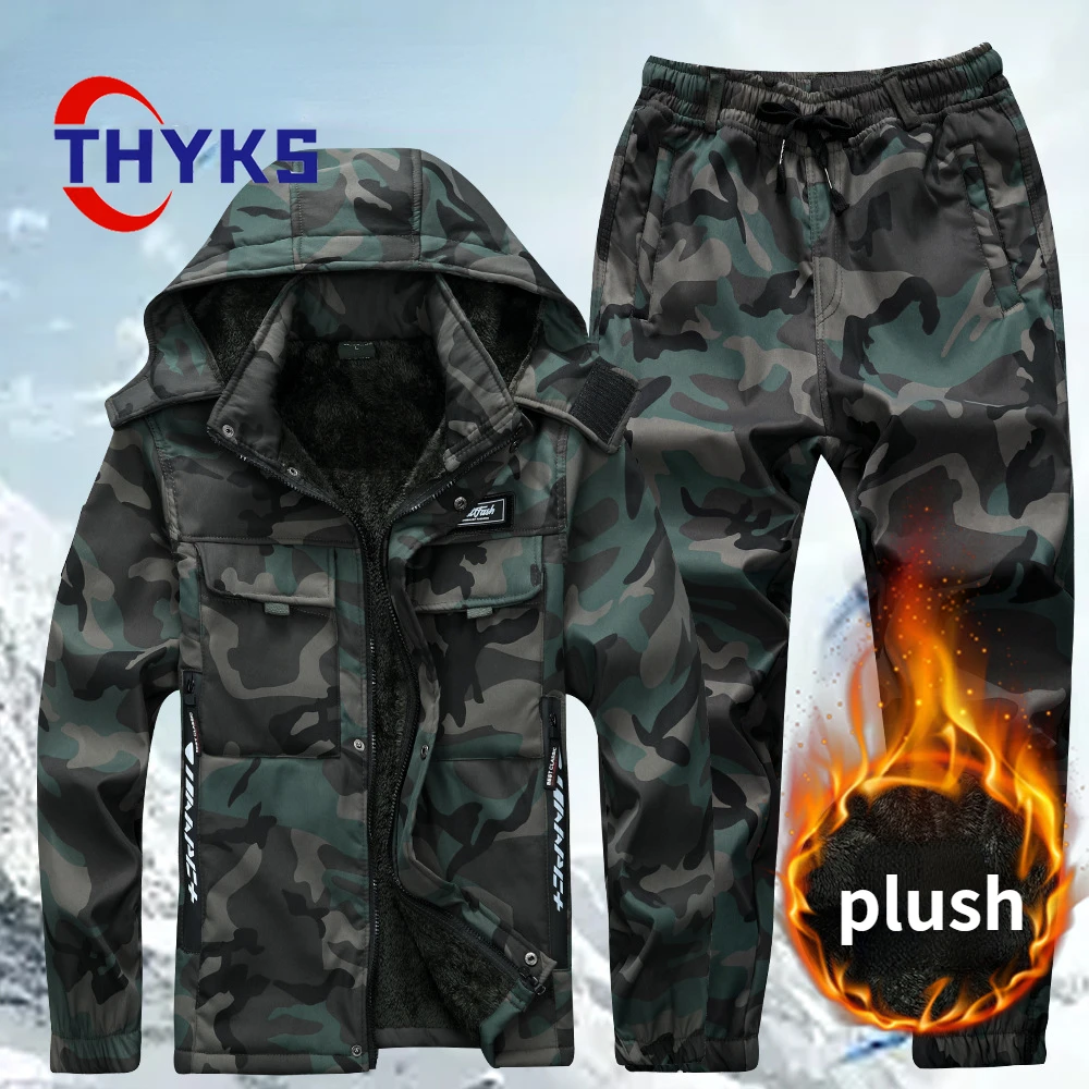 

Men's Plush Insulation Set Multiple Pockets Comfortable Loose Hooded Upper Lower Clothing Large Casual Thickened Camouflage Suit