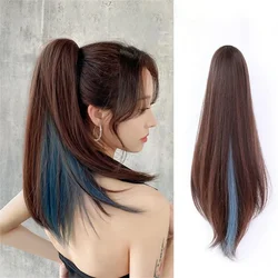 Y2K Women's Simulated Highlighted fluffy Straight High Horsetail Wig Grip clip hair Extensions 50cm