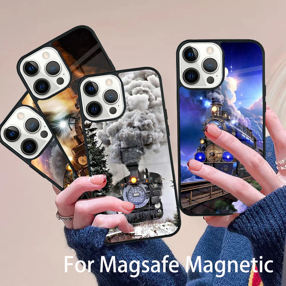 

Classic Steam Train Railway Phone Case Magesafe Magnetic Wireless Charge Cover For IPhone 16 11 12 13 14 15 Pro Max Plus Mini