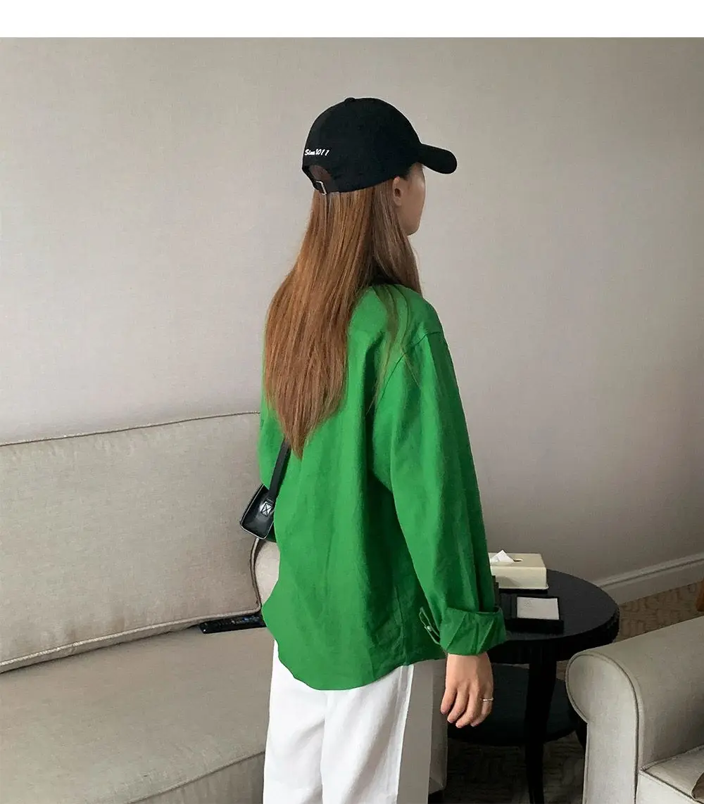 Women's Green Cotton Line Shirt Korean Summer Loose Casual Style Sun-proof Long-sleeved Polo Collar Shirt