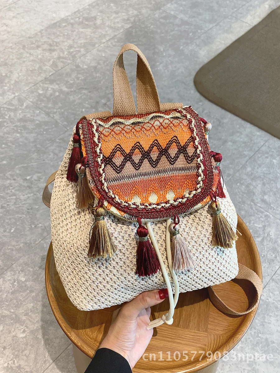 2024 Ethnic Women's Vintage Backpack Woven Fashion Contrast Casual Travel Bag Orange Blue Red Cotton Linen Artistic Chinese
