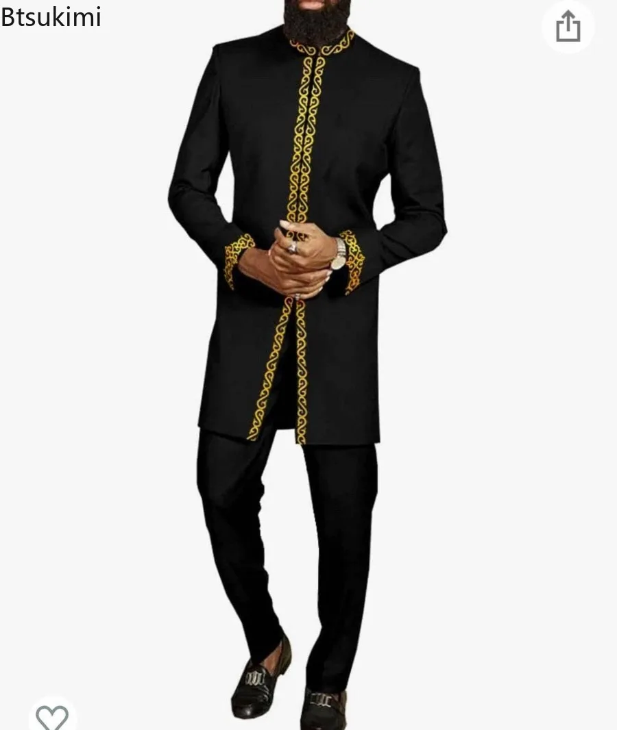 Kaftan African Traditional Men's Sets Luxury Gold Stamping Long Sleeve Stand Collar Shirt Pants Formal 2-piece Sets Ethnic Style