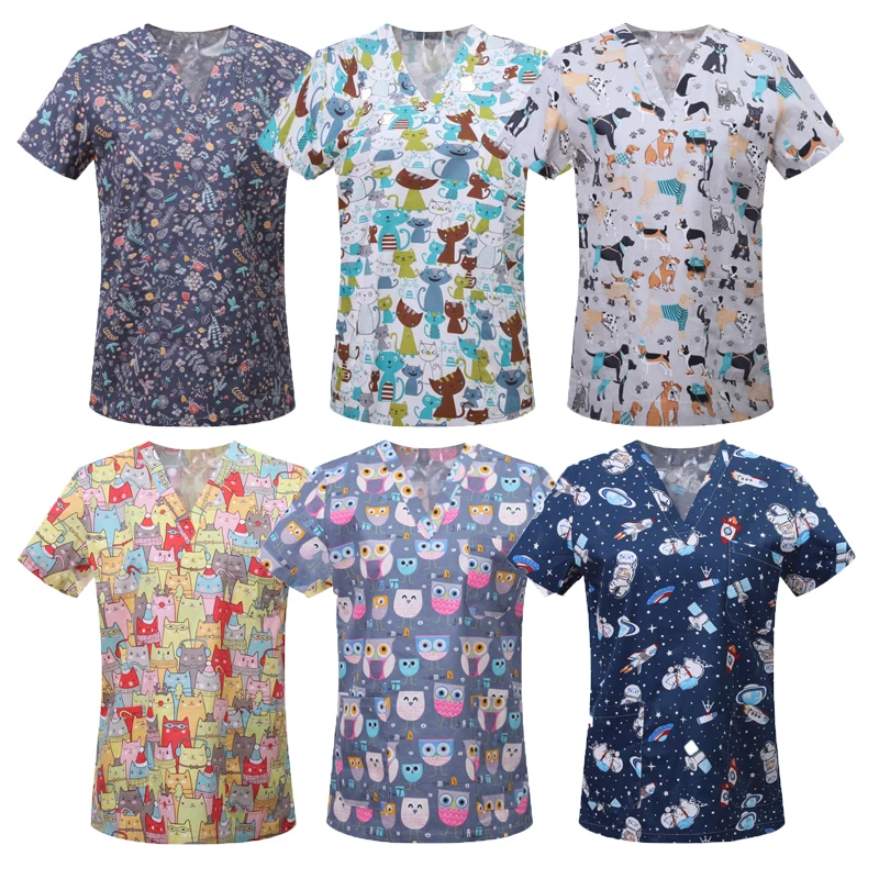 Dameskleding Cartoonkleding Unisex Scrub Top Dierenprint Scrubs Blouse Medisch Uniform Ziekenhuis Verpleegkundige Arts Werkkleding