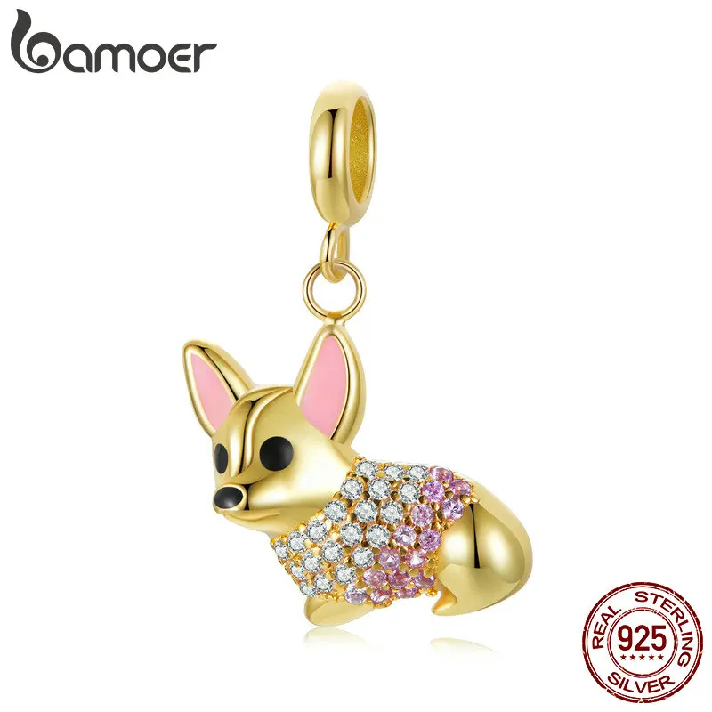 BAMOER 925 Sterling Silver Lovely Corgi Pendant Cute Dog Charms for Women Bracelet Making Gold Plated Fine Jewelry Accessories