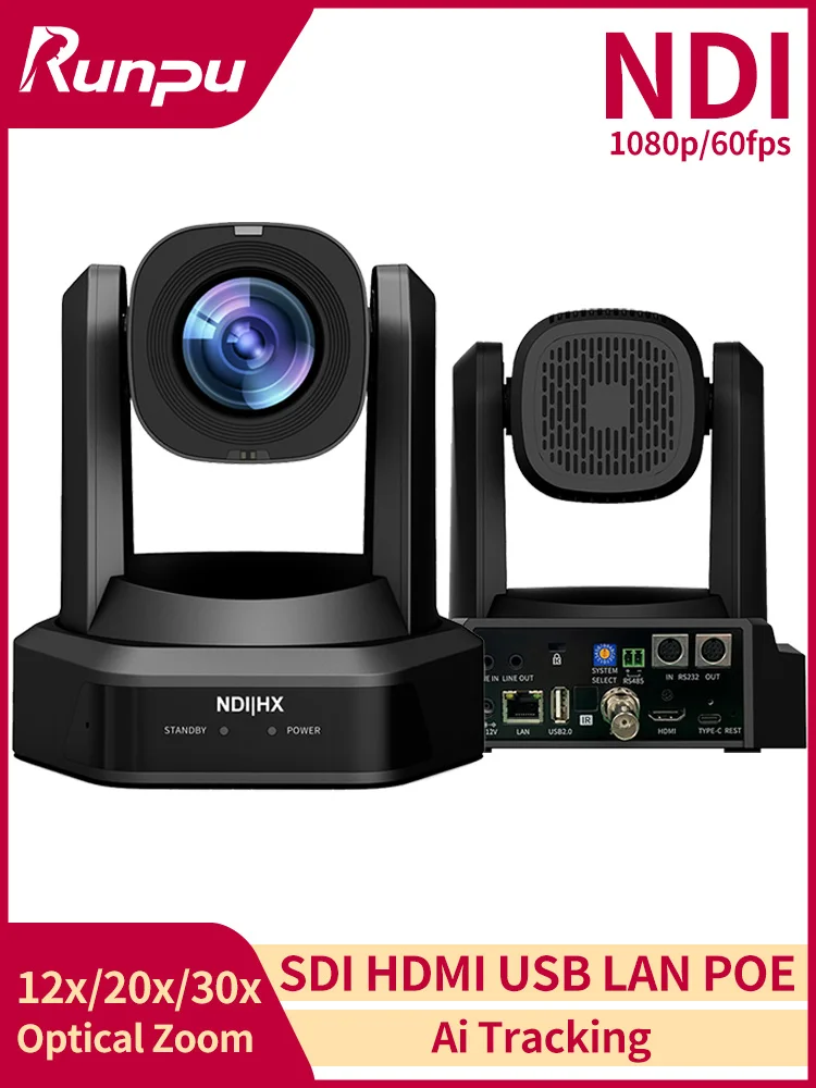 Runpu 1080p NDI PTZ Camera 12/20/30X Optical Zoom AI Auto Tracking HDMI PTZ Camera Support POE for Church Worship Live Services