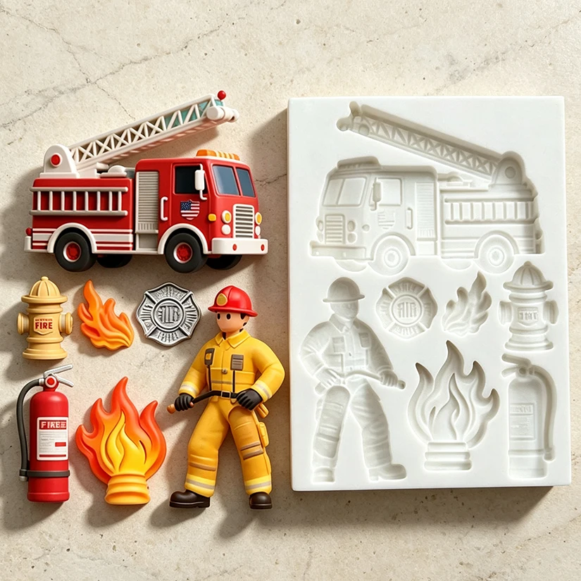 Fireman Fire Engine Extinguishers Silicone Sugarcraft Mold Resin Tools Cupcake Baking Mould Fondant Cake Decorating Tools