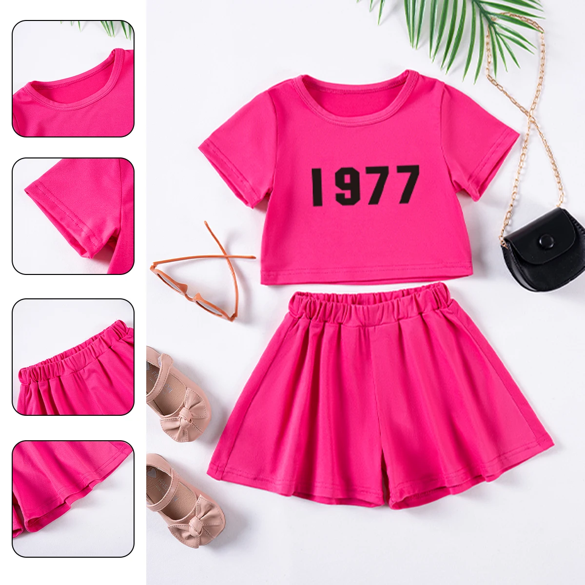 

2 Pieces Girls' Fashion Suit Summer Casual Children's Clothing Printed Pullover Short Sleeve Top + Shorts Sweet and Cute