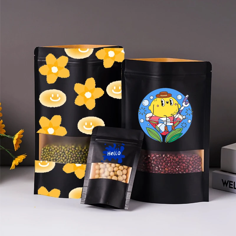 

Черный крафт-бумажный пакет на молнии с окном, индивидуальная печать для сахара, орехов, приправ, пакетов для упаковки игрушек